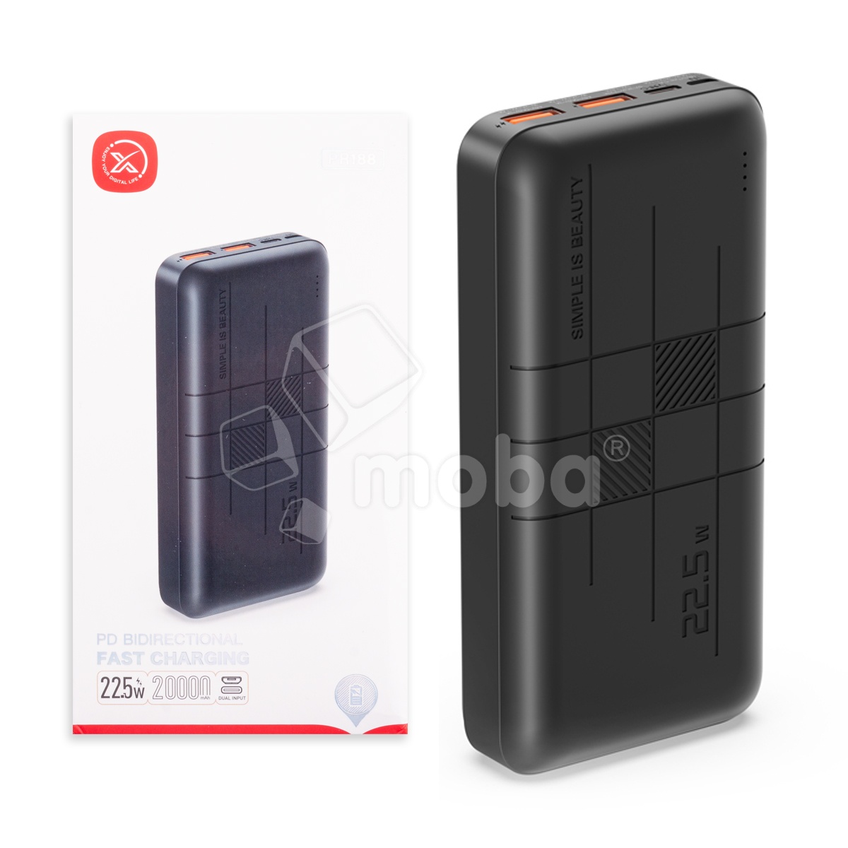 Внешний Аккумулятор (Power Bank) XO PR188 20000 mAh (22.5W, QC3.0, PD, 2USB, MicroUSB, Type-C, LED индикатор) Черный