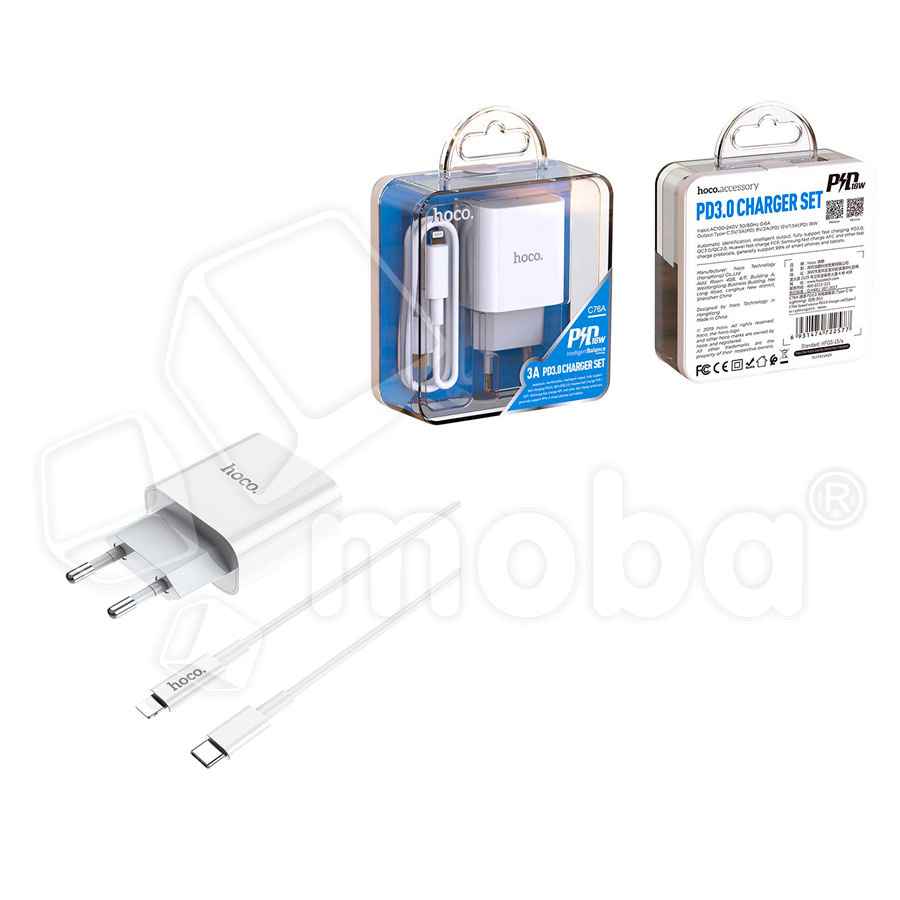 Сетевое зарядное устройство Type-C Hoco C76A Plus (20W, PD, кабель Type-C-Lightning) Белый - уценка (мятая упаковка)