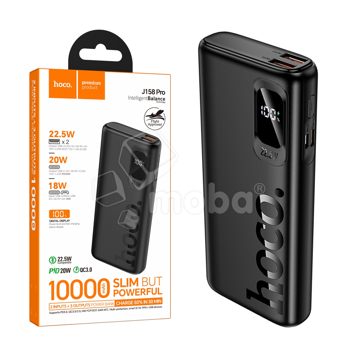 Внешний Аккумулятор (Power Bank) Hoco J158 Pro 10000 mAh (22.5W, 20W, PD, Type-C, LED дисплей) Черный