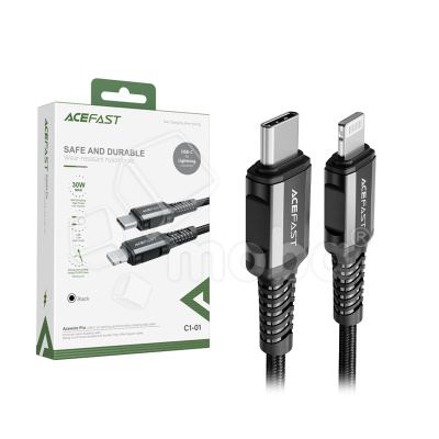 Кабель Type-C - Lightning Acefast C1-01 (3A, 30W, PD, MFI, оплетка нейлон, 1.2 м) Черный