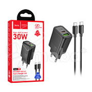 Сетевое зарядное устройство USB/Type-C Hoco N63 (30W, QC3.0, PD, кабель Type-C-Type-C, GaN) Черный